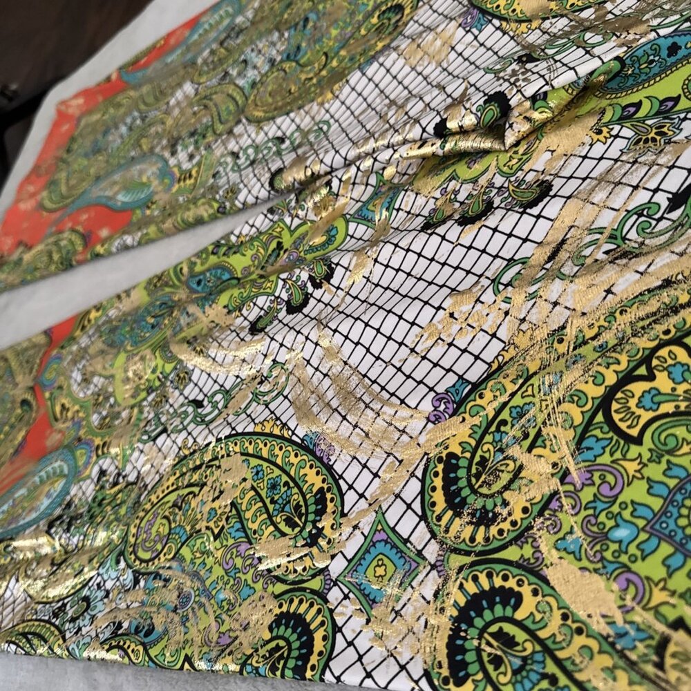 Women’s Flowy Palazzo Pants Sz L Multicolor And Gold Shiny Pull on Metallic - Picture 8 of 12